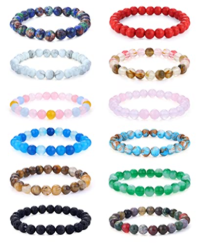 JeryWe 12 Pcs 8mm Beaded Bracelets for Women Men Natural Stone Stackable Bracelet Charm Beaded Healing Crystal Stretch Bracelets Jewelry