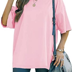 YEXIPO Women's Oversized T Shirts Summer Short Sleeve Loose Fit Casual Crewneck Plain Tunic Tops Pink