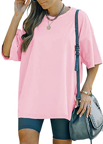 YEXIPO Women's Oversized T Shirts Summer Short Sleeve Loose Fit Casual Crewneck Plain Tunic Tops Pink