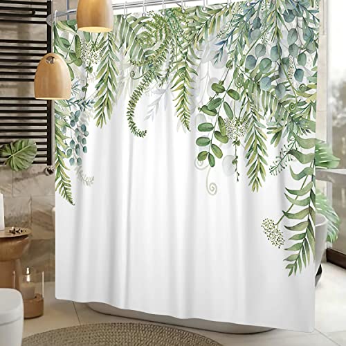 Sage Green Plant Shower Curtain for Bathroom Botanical Eucalyptus Tropical Green Leaf Greenery Leaves Watercolor Jungle Floral Fabric Bathroom Shower Curtain Sets 72×72 Inches with Hooks