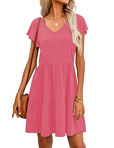 HOTOUCH Womens Summer Casual with Smocked Sexy V Neck A Line Swing Mini Dress Watermelon Pink, Medium