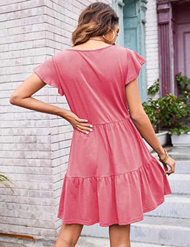 HOTOUCH Womens Summer Casual with Smocked Sexy V Neck A Line Swing Mini Dress Watermelon Pink, Medium