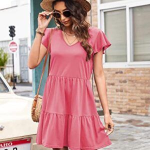 HOTOUCH Womens Summer Casual with Smocked Sexy V Neck A Line Swing Mini Dress Watermelon Pink, Medium