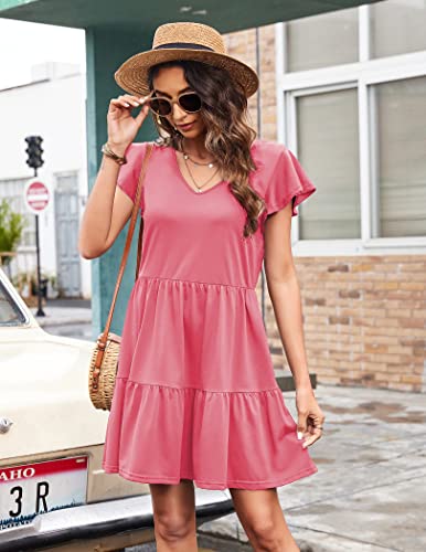 HOTOUCH Womens Summer Casual with Smocked Sexy V Neck A Line Swing Mini Dress Watermelon Pink, Medium