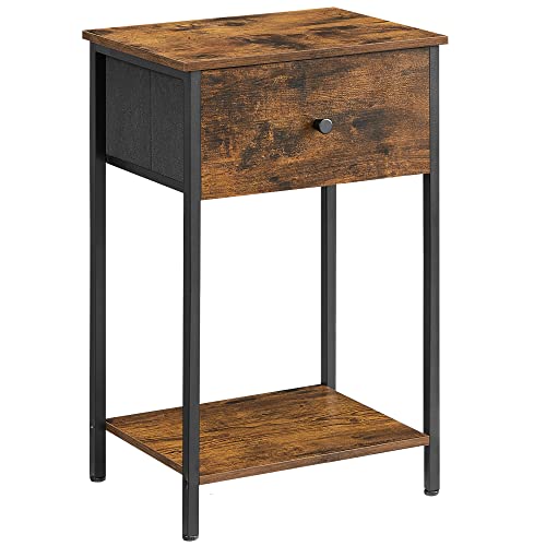 VASAGLE Nightstand with Drawer, End Table, Bed Side Table, Small Table, Tall Night Stand with Fabric Storage and Shelf for Bedroom, Dorm, Easy Assembly, Rustic Brown and Black ULGS021B01