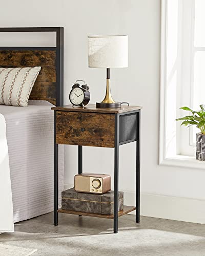 VASAGLE Nightstand with Drawer, End Table, Bed Side Table, Small Table, Tall Night Stand with Fabric Storage and Shelf for Bedroom, Dorm, Easy Assembly, Rustic Brown and Black ULGS021B01