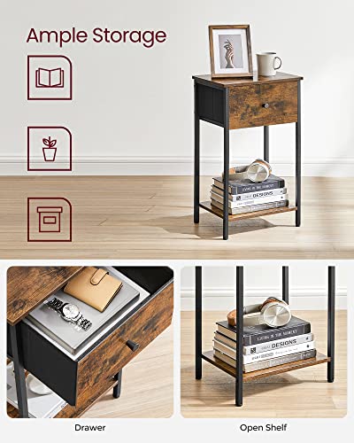 VASAGLE Nightstand with Drawer, End Table, Bed Side Table, Small Table, Tall Night Stand with Fabric Storage and Shelf for Bedroom, Dorm, Easy Assembly, Rustic Brown and Black ULGS021B01