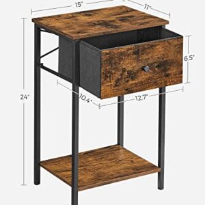 VASAGLE Nightstand with Drawer, End Table, Bed Side Table, Small Table, Tall Night Stand with Fabric Storage and Shelf for Bedroom, Dorm, Easy Assembly, Rustic Brown and Black ULGS021B01