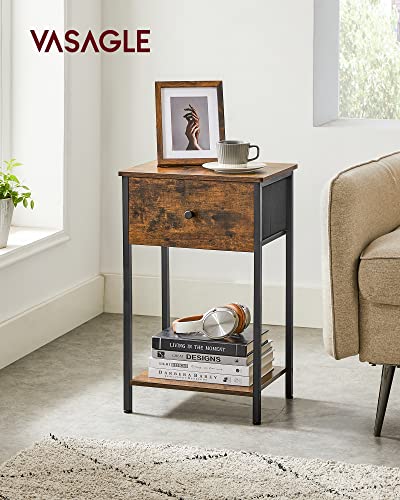 VASAGLE Nightstand with Drawer, End Table, Bed Side Table, Small Table, Tall Night Stand with Fabric Storage and Shelf for Bedroom, Dorm, Easy Assembly, Rustic Brown and Black ULGS021B01