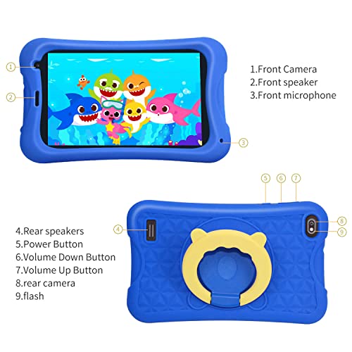 JREN Kids Tablet, Tablet for Kids Ages 2-5, 7 Inch IPS FHD Display 1024 X 600, Android 12 Toddler Tablets Ram 2GB and 32GB Storage, Learning and Gaming,Dual Cameras, Kid-Proof Case Blue