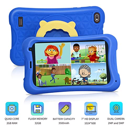 JREN Kids Tablet, Tablet for Kids Ages 2-5, 7 Inch IPS FHD Display 1024 X 600, Android 12 Toddler Tablets Ram 2GB and 32GB Storage, Learning and Gaming,Dual Cameras, Kid-Proof Case Blue