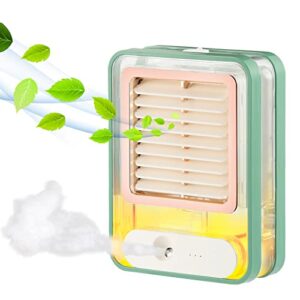 small desk fan with mist spray,led night light,electric battery operated water misting fan,usb rechargeable portable quiet mini desktop table cooling fan for office,camping,indoor,outdoor (green)