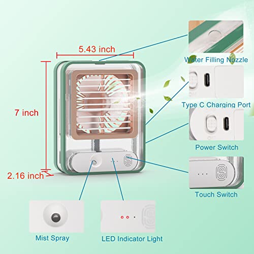 Small Desk Fan with Mist Spray,LED Night Light,Electric Battery Operated Water Misting Fan,USB Rechargeable Portable Quiet Mini Desktop Table Cooling Fan for Office,Camping,Indoor,Outdoor (Green)