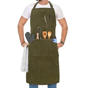 opux Chef Apron for Men, Kitchen Apron with Pockets for Women, Large Unisex Canvas Apron for Cooking Grilling BBQ Baking, Heavy Duty Apron for Work, Olive Green