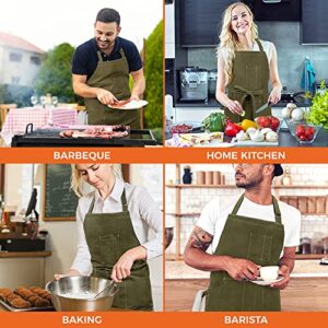 opux Chef Apron for Men, Kitchen Apron with Pockets for Women, Large Unisex Canvas Apron for Cooking Grilling BBQ Baking, Heavy Duty Apron for Work, Olive Green