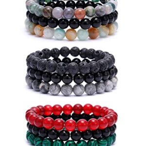 BOMAIL 9Pcs 8mm Natural Stone Beaded Bracelet Set for Men Women Semi-Precious Gemstone Beads Bracelets Matte Lava Rock Volcanic Tiger Eye Stone Yoga Healing Energy Crystal Stretch Bracelets Set