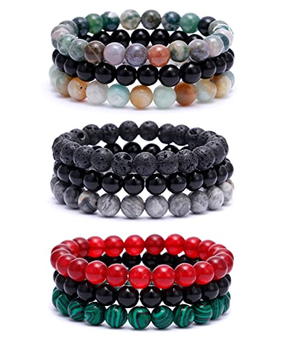 BOMAIL 9Pcs 8mm Natural Stone Beaded Bracelet Set for Men Women Semi-Precious Gemstone Beads Bracelets Matte Lava Rock Volcanic Tiger Eye Stone Yoga Healing Energy Crystal Stretch Bracelets Set