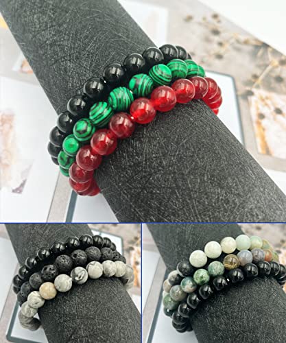 BOMAIL 9Pcs 8mm Natural Stone Beaded Bracelet Set for Men Women Semi-Precious Gemstone Beads Bracelets Matte Lava Rock Volcanic Tiger Eye Stone Yoga Healing Energy Crystal Stretch Bracelets Set