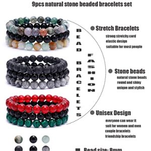 BOMAIL 9Pcs 8mm Natural Stone Beaded Bracelet Set for Men Women Semi-Precious Gemstone Beads Bracelets Matte Lava Rock Volcanic Tiger Eye Stone Yoga Healing Energy Crystal Stretch Bracelets Set