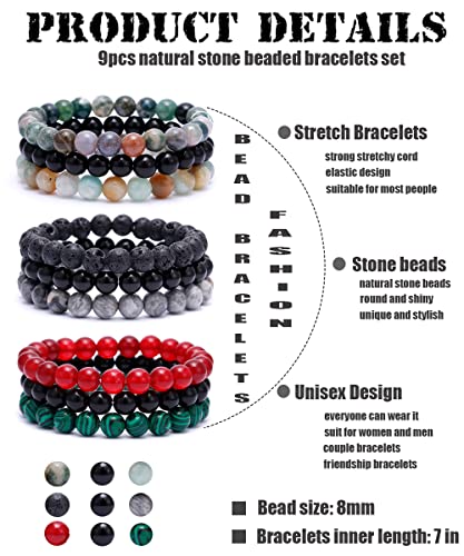 BOMAIL 9Pcs 8mm Natural Stone Beaded Bracelet Set for Men Women Semi-Precious Gemstone Beads Bracelets Matte Lava Rock Volcanic Tiger Eye Stone Yoga Healing Energy Crystal Stretch Bracelets Set