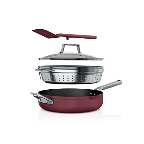 Ninja CW102RD Foodi NeverStick PossiblePan, Premium Set with 4-Quart Capacity Pan, Steamer/Strainer Basket, Glass Lid & Integrated Spatula, Nonstick, Durable & Oven Safe to 500°F, Cherry Tart