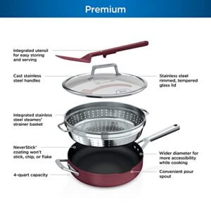 Ninja CW102RD Foodi NeverStick PossiblePan, Premium Set with 4-Quart Capacity Pan, Steamer/Strainer Basket, Glass Lid & Integrated Spatula, Nonstick, Durable & Oven Safe to 500°F, Cherry Tart