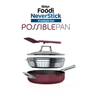 Ninja CW102RD Foodi NeverStick PossiblePan, Premium Set with 4-Quart Capacity Pan, Steamer/Strainer Basket, Glass Lid & Integrated Spatula, Nonstick, Durable & Oven Safe to 500°F, Cherry Tart