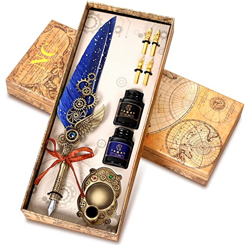 NC Feather Calligraphy Pen Set, Including 2 Bottles of Ink and 4 Replaceable Nibs, 1 Mechanical Quill Pen, 1 Pen Holder, Calligraphy Pen for Writing, Writing Letters, Signing Invitations Etc(Blue)