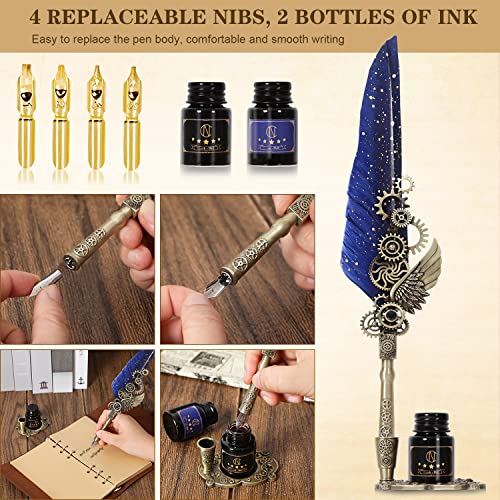 NC Feather Calligraphy Pen Set, Including 2 Bottles of Ink and 4 Replaceable Nibs, 1 Mechanical Quill Pen, 1 Pen Holder, Calligraphy Pen for Writing, Writing Letters, Signing Invitations Etc(Blue)