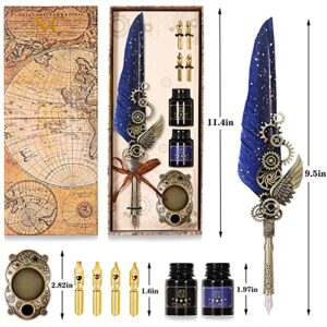 NC Feather Calligraphy Pen Set, Including 2 Bottles of Ink and 4 Replaceable Nibs, 1 Mechanical Quill Pen, 1 Pen Holder, Calligraphy Pen for Writing, Writing Letters, Signing Invitations Etc(Blue)