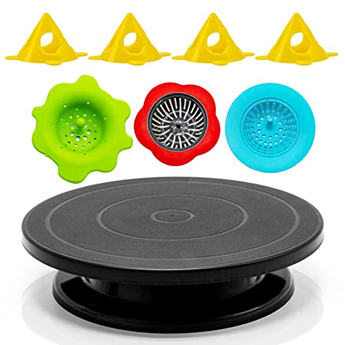 11”Rotate Turntable Sculpting Wheel Revolving Cake Turnable Black Painting Turn Table Stand for Paint Spraying Spinner,with Cone Canvas Support Stands and 3pcs Acrylic Pouring Strainers