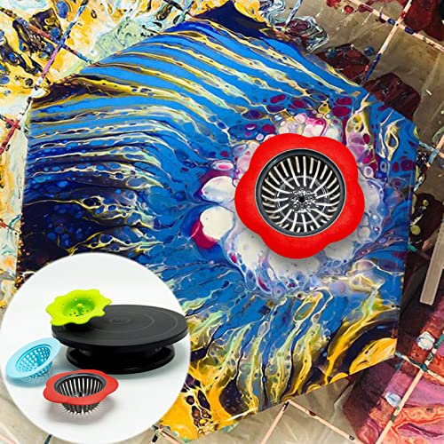 11”Rotate Turntable Sculpting Wheel Revolving Cake Turnable Black Painting Turn Table Stand for Paint Spraying Spinner,with Cone Canvas Support Stands and 3pcs Acrylic Pouring Strainers