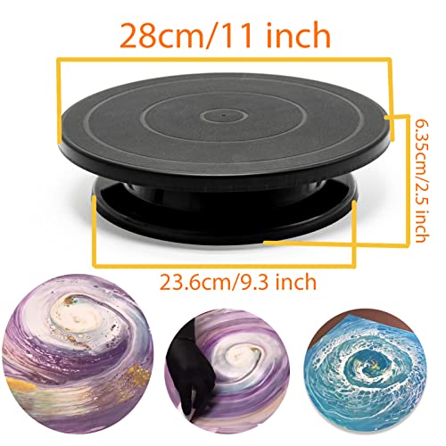 11”Rotate Turntable Sculpting Wheel Revolving Cake Turnable Black Painting Turn Table Stand for Paint Spraying Spinner,with Cone Canvas Support Stands and 3pcs Acrylic Pouring Strainers