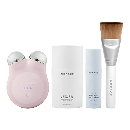 NuFACE Mini+ Starter Kit – Petite Facial Toning Device with Aqua Gel Activator 1.69 Oz, Silk Crème Activator 0.5 Oz + Clean Sweep Applicator Brush - Sandy Rose