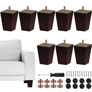 turstin set of 8 furniture legs 3 inch square solid wood couch legs replacement sofa legs mid century furniture feet for armchair bed dresser cabinet include installation hardware, brown