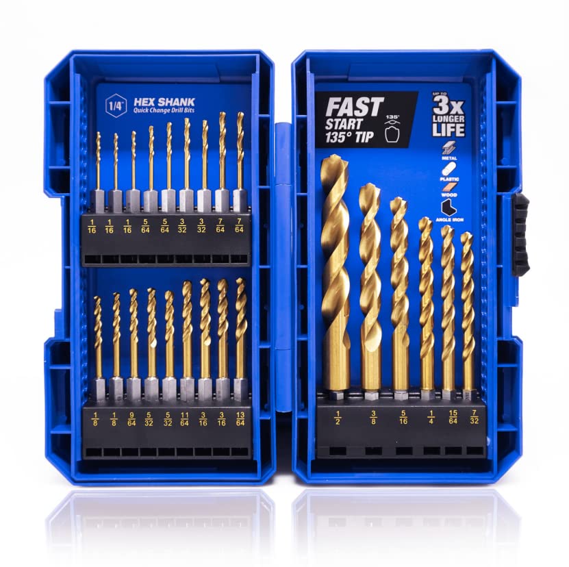 JEFE HEX 24 Pieces Hex Shank Drill Bit Set for Impact Driver, HSS Twist Titanium Drill Bits for Metal, Hex Drive Quick Change Drill Bits Set Ideal for Steel, Copper, Aluminum, Zinc Alloy, Wood and Plastics