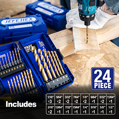 JEFE HEX 24 Pieces Hex Shank Drill Bit Set for Impact Driver, HSS Twist Titanium Drill Bits for Metal, Hex Drive Quick Change Drill Bits Set Ideal for Steel, Copper, Aluminum, Zinc Alloy, Wood and Plastics