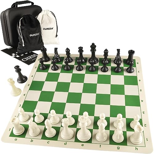 OUMODA 4" King Tournament Chess Set Foldable 20" Silicone Chess Board Mat with 2.2" Squares Green Color Flexible, Weighted Chess Pieces- 2 Extra Queens, Chess Carrying Case for Storage and Travel