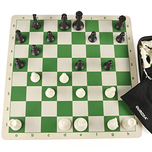 OUMODA 4" King Tournament Chess Set Foldable 20" Silicone Chess Board Mat with 2.2" Squares Green Color Flexible, Weighted Chess Pieces- 2 Extra Queens, Chess Carrying Case for Storage and Travel