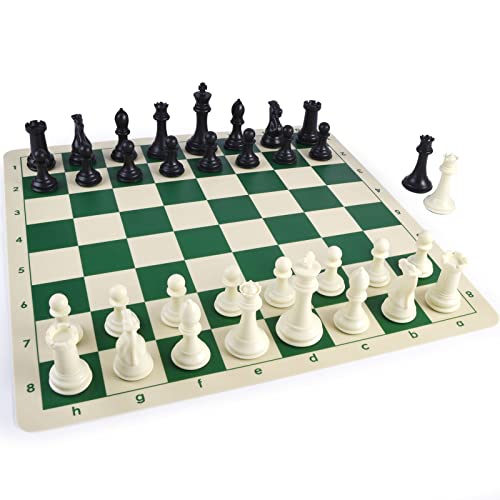 OUMODA 4" King Tournament Chess Set Foldable 20" Silicone Chess Board Mat with 2.2" Squares Green Color Flexible, Weighted Chess Pieces- 2 Extra Queens, Chess Carrying Case for Storage and Travel