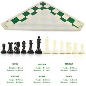 OUMODA 4" King Tournament Chess Set Foldable 20" Silicone Chess Board Mat with 2.2" Squares Green Color Flexible, Weighted Chess Pieces- 2 Extra Queens, Chess Carrying Case for Storage and Travel