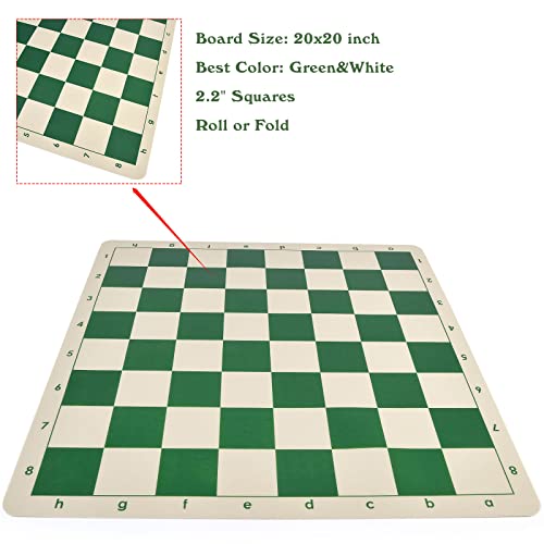 OUMODA 4" King Tournament Chess Set Foldable 20" Silicone Chess Board Mat with 2.2" Squares Green Color Flexible, Weighted Chess Pieces- 2 Extra Queens, Chess Carrying Case for Storage and Travel