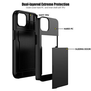 Nvollnoe for iPhone 13 Case with Card Holder Heavy Duty Protective Dual Layer Shockproof Hidden Card Slot Slim Wallet Case for iPhone 13 for Women&Men(Black)