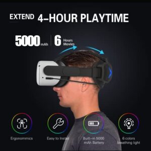 QWOS RGB Comfort Battery Head Strap and Controller Grips Protector Compatible with Oculus Quest 2 Accessories, Battery Pack Elite Strap 5000mAh for Enhanced Support and Extend Playtime in VR