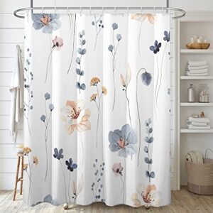 decoreagy watercolor floral shower curtain sets,blue beige flowers bathroom curtains,modern minimalist white bath curtain, waterproof fabric with 12 hooks 72x72 inches