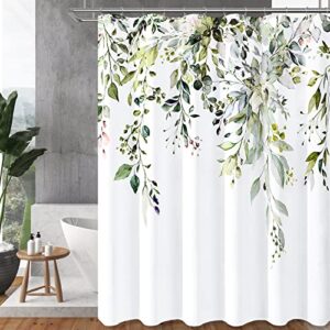 bttn eucalyptus plant shower curtain, floral fabric shower curtain set with 12 plastic hooks, water resistant, watercolor leaves botanical natural shower curtains for bathroom, 72x72, sage green