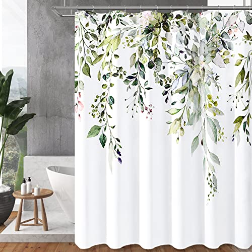 BTTN Eucalyptus Plant Shower Curtain, Floral Fabric Shower Curtain Set with 12 Plastic Hooks, Water Resistant, Watercolor Leaves Botanical Natural Shower Curtains for Bathroom, 72x72, Sage Green