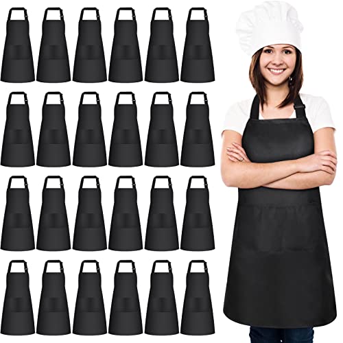 JaGely 24 Pack Adjustable Bib Apron with 2 Pockets Cooking Kitchen Aprons Black Chef Apron Water Oil Stain Resistant BBQ Work Apron for Women Men Drawing Crafting Outdoors Smock