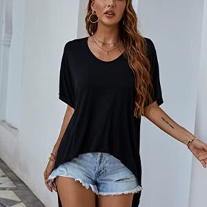 Verdusa Women's Half Sleeve Scoop Neck High Low Long Tee Top Oversized T Shirts Black XL