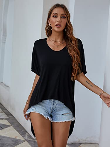 Verdusa Women's Half Sleeve Scoop Neck High Low Long Tee Top Oversized T Shirts Black XL